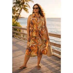 Naturals d&co Orange Tropical Leaf Print Linen Blend Sleeveless Maxi Dress L NWT